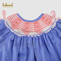 Delicate little girl laced blue satin smocked dress - DR 3242