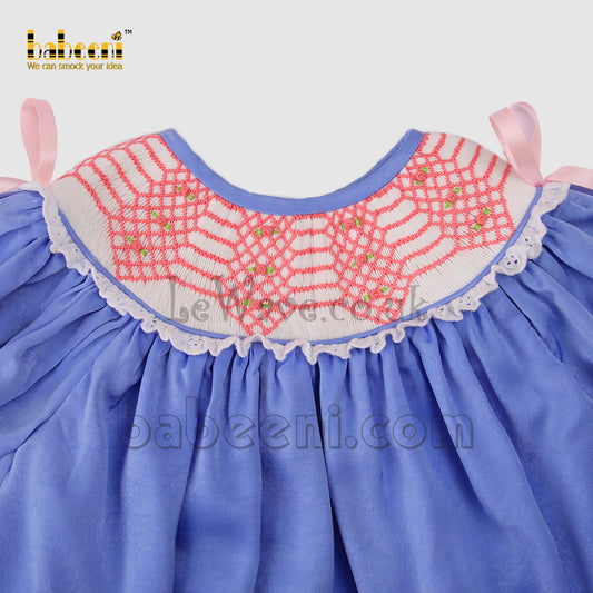 Delicate little girl laced blue satin smocked dress - DR 3242