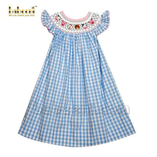 Hand smocked farm animals blue check baby dress - DR 3044