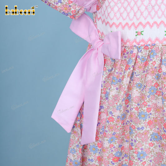 Geometric Dress Pink Accent 2 Bows Purple Floral For Girl - DR3653