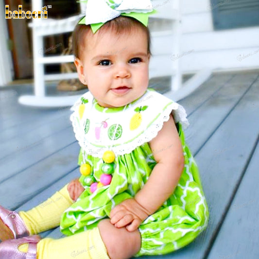 Smocked Bishop Dress  In Green And White Neck For Girl