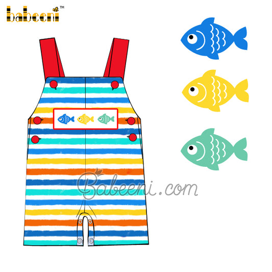 Colorful fish Hand smocked boy shortall  – BC 1058