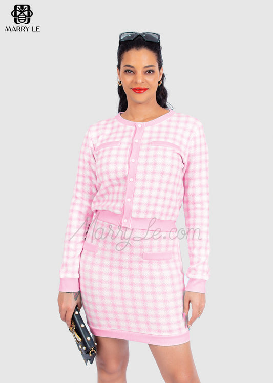 ADORABLE BABY PINK WOMEN CASUAL LONG SLEEVE CARDIGAN & MINI SKIRT TWO PIECE SET - MD325