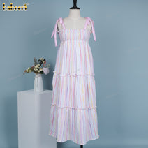 Lady dress pink ribbon hand embroidery with colorful vertical line - DR4165