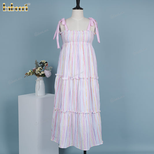 Lady dress pink ribbon hand embroidery with colorful vertical line - DR4165