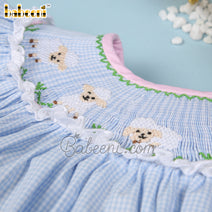 Sheep smocked blue gingham girl bubble - DR 3104