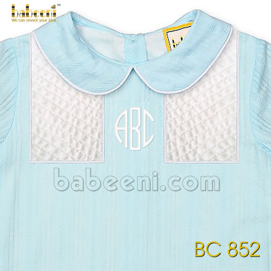 Cute hand embroidered pintuck mint boy set - BC 852