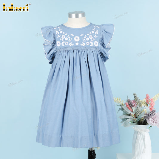 Girl Embroidered Flowers Blue Dress - DR3804