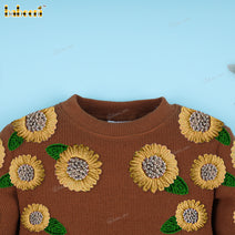 Girl Brown Sweater With Flowers Hand Embroidered - DR3868