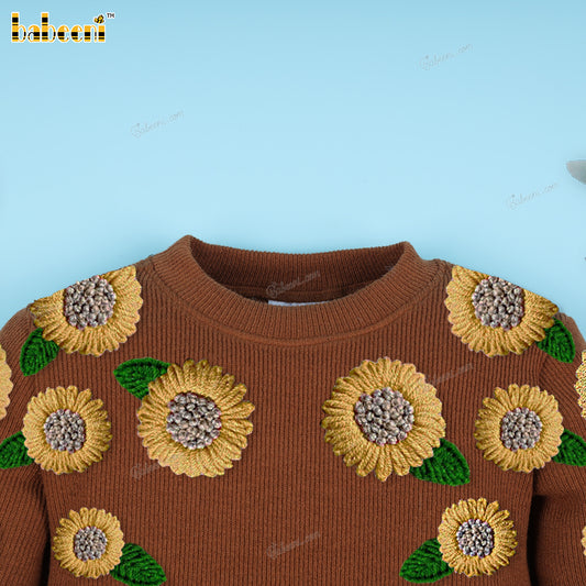 Girl Brown Sweater With Flowers Hand Embroidered - DR3868