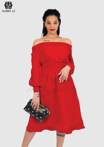 ATTRACTIVE RED OFF SHOULDER SMOCKED DRESS - MD322