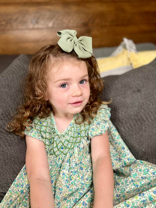 Girl Geometric Bishop Hand Smocked Dress Green Floral