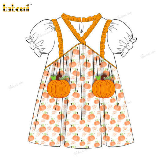 Girl Dress In Orange Pumpkin Embroidered - DR4027