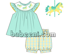 Mint girl bubble set with hand-smocked carousel horses - DR 2581