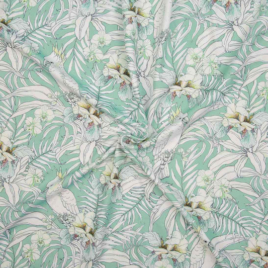 V5- White leaves on green viscose fabric printed 4.0