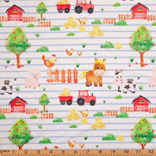 K226 - farm animals on blue stripe knit printed 4.0 fabric