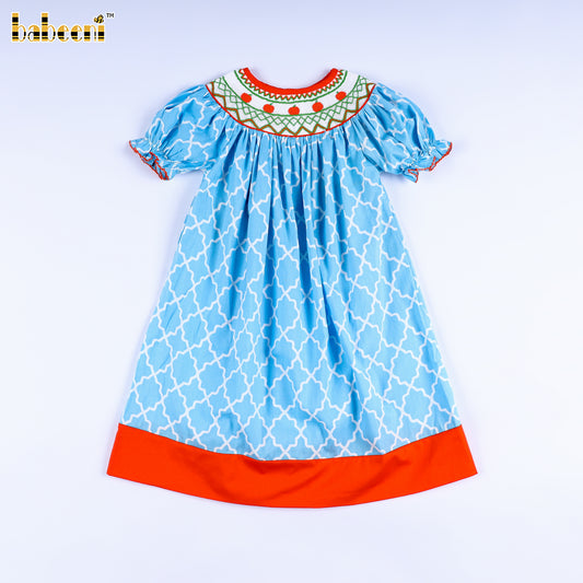 DR4693 - Thanksgiving lattice printed dress with pumpkin smock