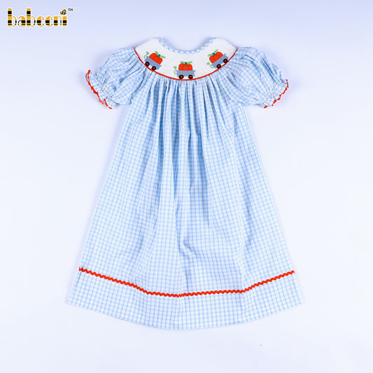 DR4694 - Pumpkin carts hand smocked little girl dress