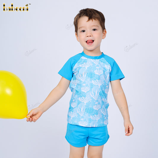 Set Blue Swimwear For Boys Spring-Summer prints with Clams and Seaweeds - BC1312
