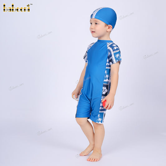 Set Swimwear For Boys Spring-Summer prints with blue tropical leaf pattern and chest zipper - BC1313