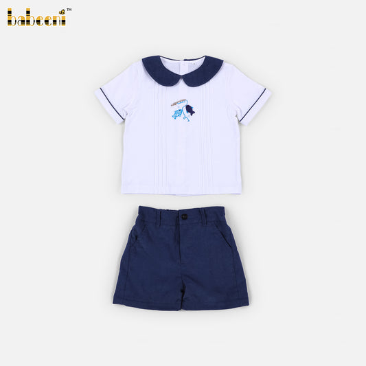 BC1452 - Boys Navy Corduroy Embroidered Short Set