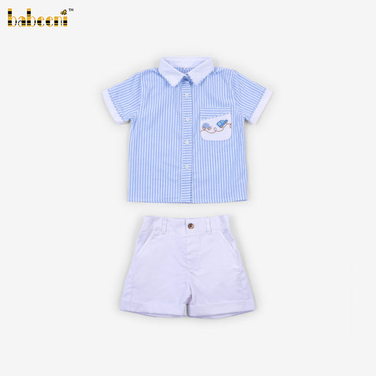 BC1453 - Boys Blue Pinstripe Embroidered Short Set