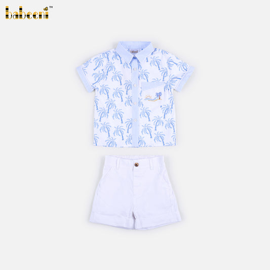 BC1473 - Boys Tropical Hand-Embroidered Shirt & Shorts Set