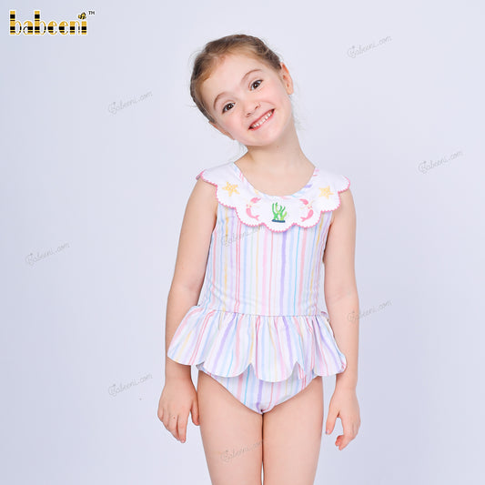 1-pieces Swimwear For Girl Spring-Summer prints hand embroidery mermaid, seaweed and starfish - DR4192