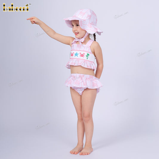 2-pieces Swimwear For girl Spring-Summer with crab and starfish hand smocked embroidery - DR4196