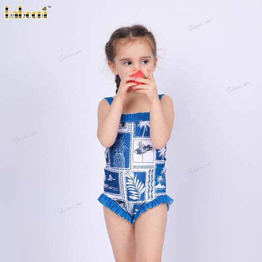 1-pieces Swimwear For girl Spring-Summer with blue tropical leaf and flower pattern - DR4198