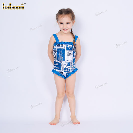 1-pieces Swimwear For girl Spring-Summer with blue tropical leaf and flower pattern - DR4198