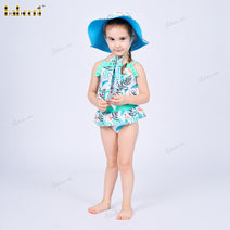 2-pieces Swimwear For Girl Spring-Summer with light green tropical leaf pattern - DR4201