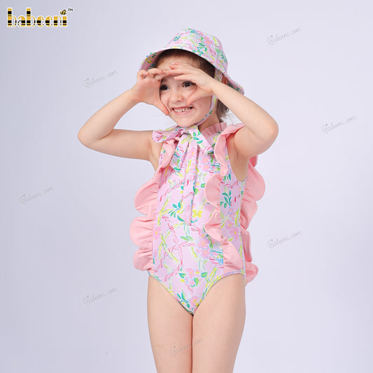 1-pieces Swimwear For Lady Spring-Summer with light pink tropical leaf pattern - DR4204