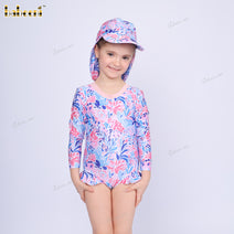 1-pieces swimsuit For Girl blue and purple Spring-Summer pattern with a ribbon on the nape - DR4214