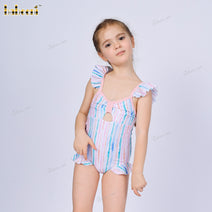 1-pieces Curtain string swimsuit For Girl colorful lines Spring-Summer pattern and curtain on the hip - DR4217