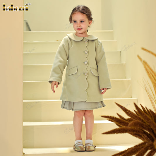 Olive Scallop Wool Coat & Pleated Skirt Set – DR4275