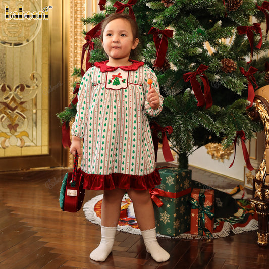 Girls’ Flared Holiday Dress with Velvet Hem and Hand Embroidery - DR4291
