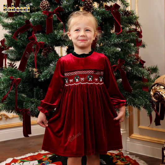 Girls' Velvet Holiday Dress with Smocked Embroidery - DR4295