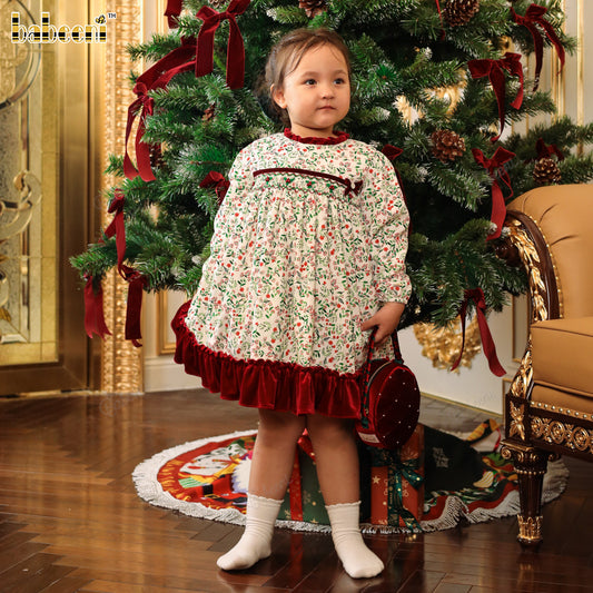 Girls’ Smocked Corduroy Dress with Velvet Ruffle Details - DR4299