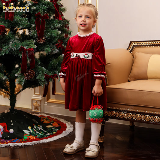Girls' Red Velvet Christmas Dress with Signature Babeeni Accents - DR4300
