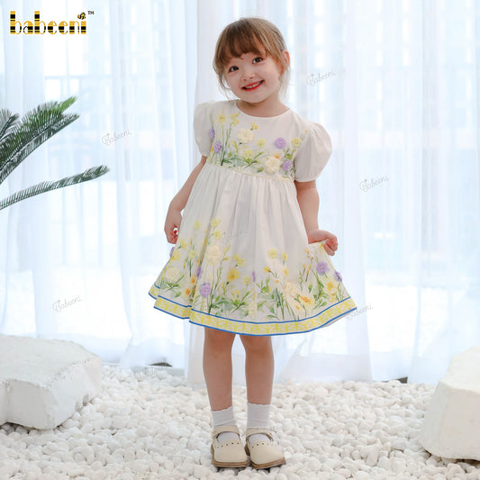 DR4446 – Girls’ Floral Twill Dress with 3D Flower Appliqués & Ribbon Hem