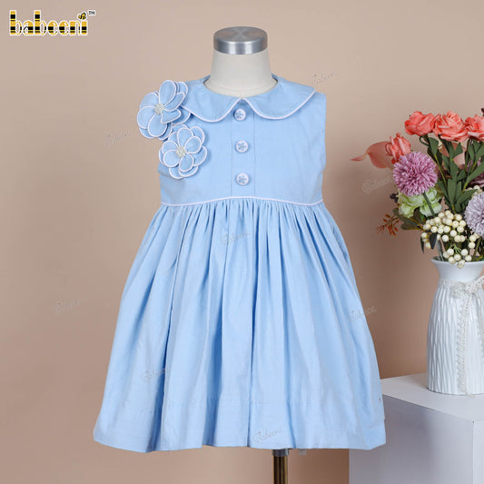 DR4448 – Girls’ Sleeveless Blue Dress with 3D Floral Embroidery & Scalloped Collar