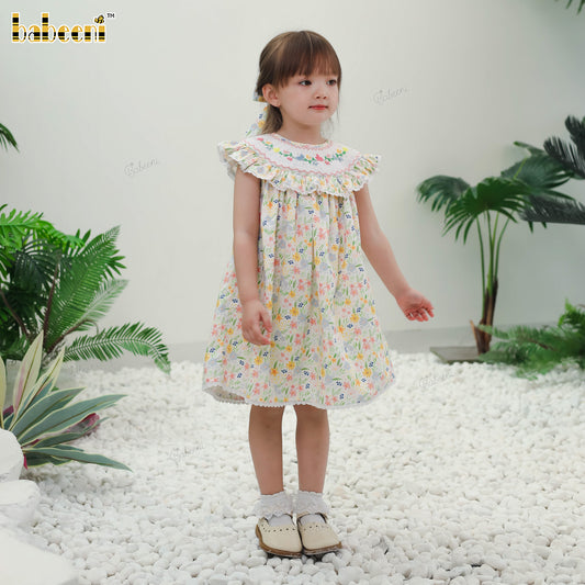 DR4449 – Girls’ Hand-Smocked Floral Bishop Dress with Beaded Accents