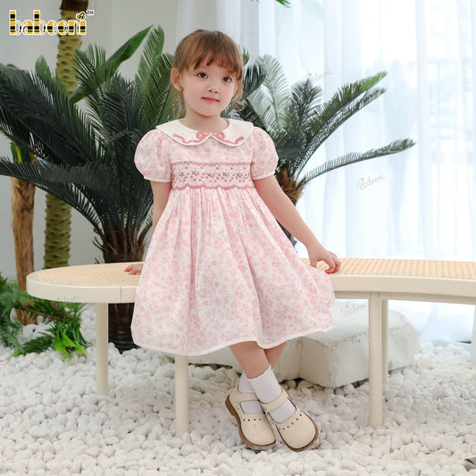 DR4450 – Girls’ Hand-Smocked Floral Dress with Embroidered Bow Detail