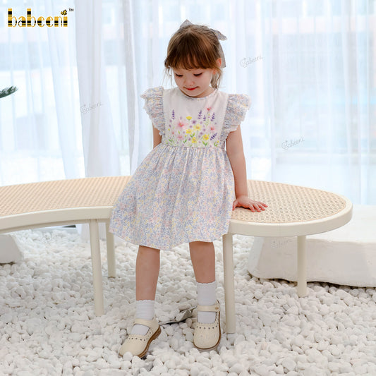 DR4454 – Girls’ Floral Dress with Embroidered Bow & 3D Floral Embellishments