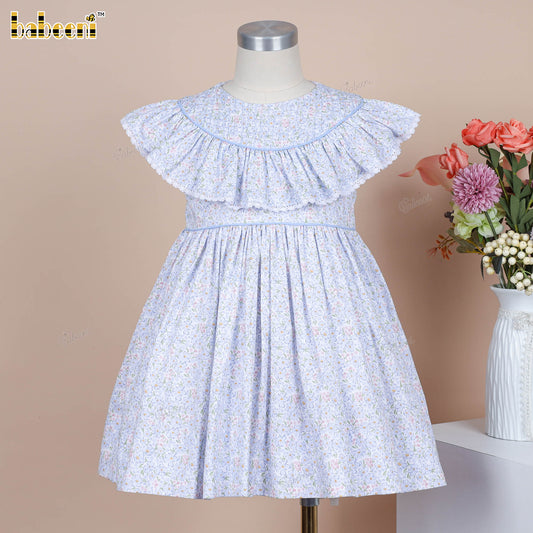 DR4455 – Girls’ Floral Twill Dress with Ruffled Yoke & Tulle-Lined Hem