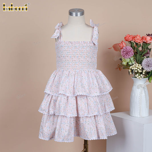 DR4456 – Girls’ Tiered Floral Dress with Bow-Tie Straps & Smocked Bodice