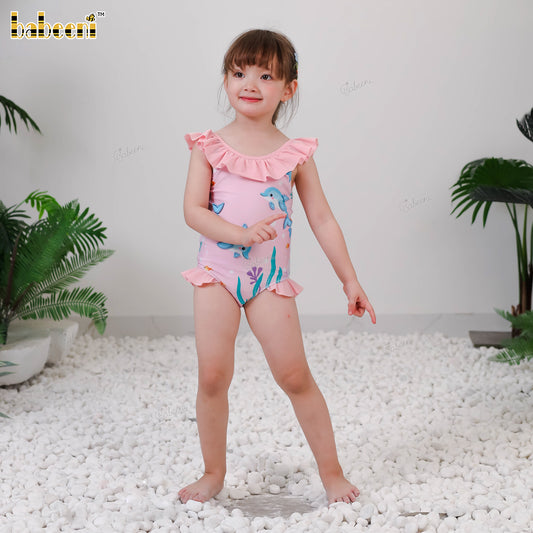 DR4459 – Girls’ Ocean Print Swimsuit with Embroidered Details & Ruffle Trim