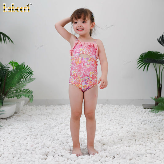 DR4462 – Girls’ Neon Tropical One-Piece Swimsuit with Ruffle Trim