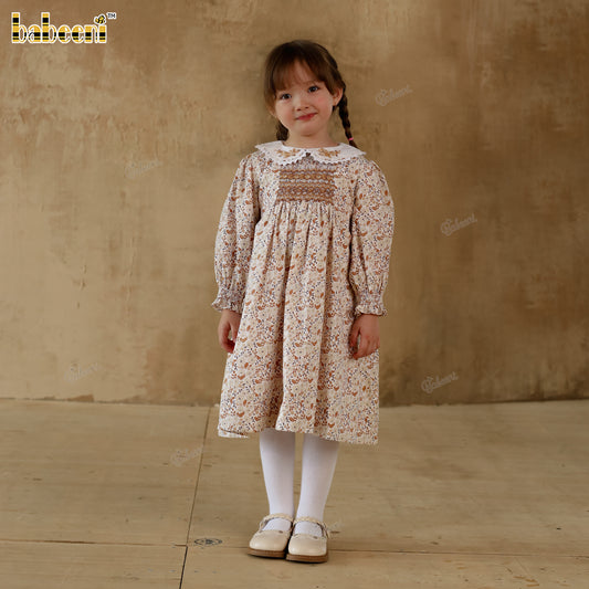 DR4470 – Brown Floral Hand-Smocked A-Line Dress
